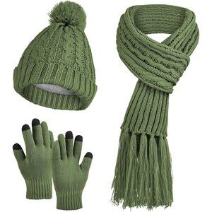 Womens Beanie Hat Scarf and Gloves Set Winter Thick Knit Warm Pompom Cap